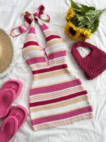 Soleia Vestido de punto ajustado con cuello en V profundo y espalda descubierta, a rayas rosa, para vacaciones, talla grande para mujer, sexy