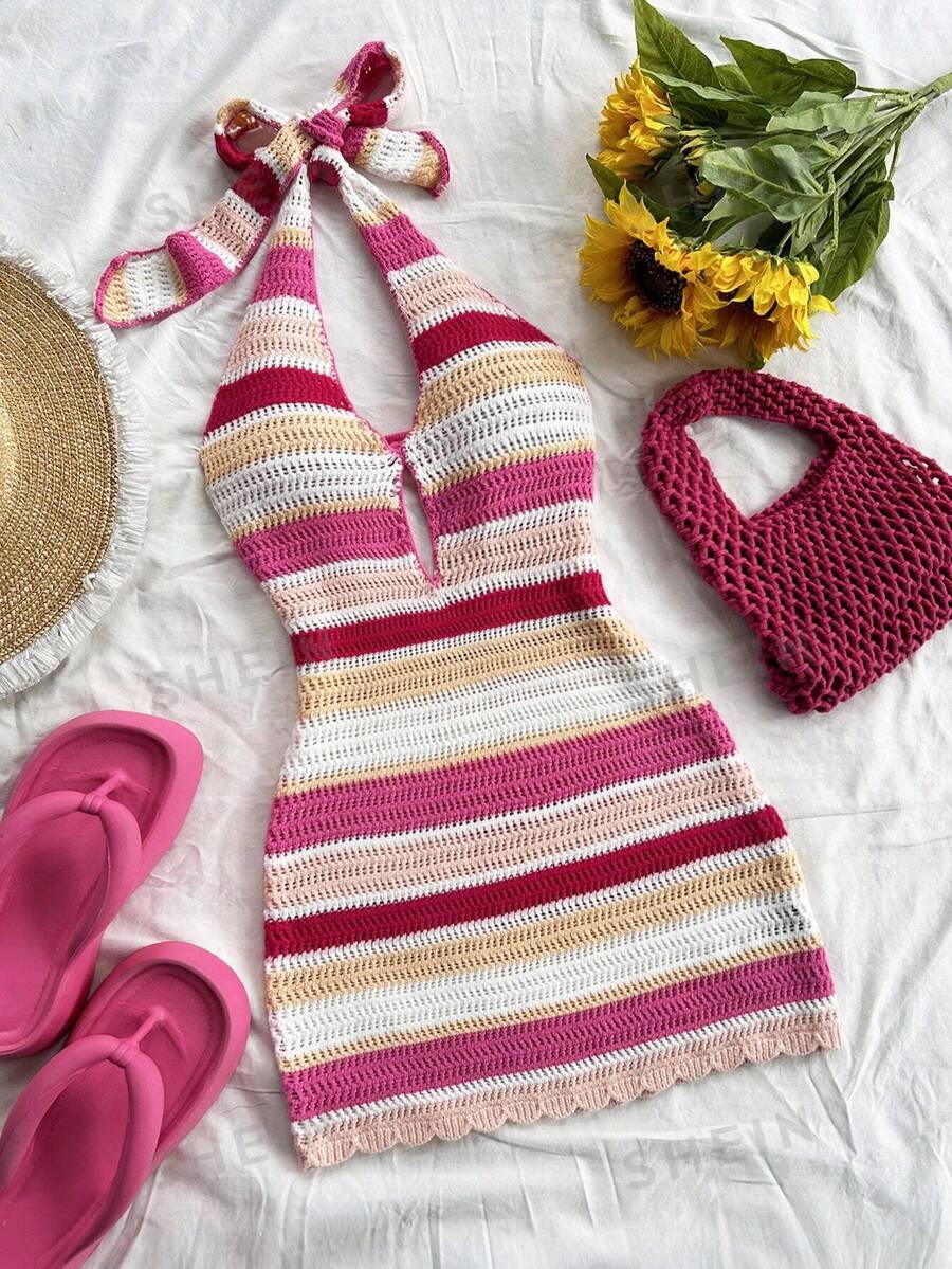 Soleia Vestido de punto ajustado con cuello en V profundo y espalda descubierta, a rayas rosa, para vacaciones, talla grande para mujer, sexy