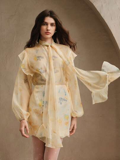 Anewsta Spring & Autumn New Vacation Style Vintage Ditsy Floral Scarf Collar Tie Bow Long Sleeve Sheer Front Open Blouse For Women