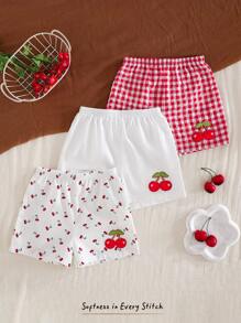 Cozy Pixies 3 件套 女宝宝水果图案彩色格子松紧腰休闲短裤套装 - 彩色 - 查看 3