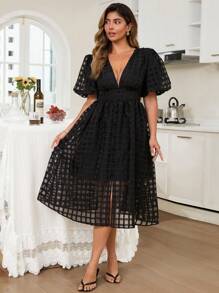 KURAYIA Elegant Sheer Puff Sleeve Shirred Black Dress For Plus Size Women, Summer - Black - View 3