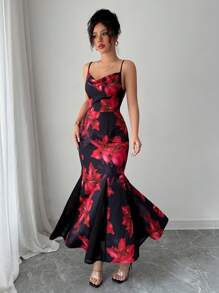 Chiquease Women's Floral Print Plunging Neckline Ruffle Hem Elegant Camisole Dress