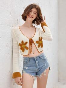 Skyraze 杏色女式钩针雏菊图案纽扣开衫、春季夹克披肩 - 米色 - 查看 4