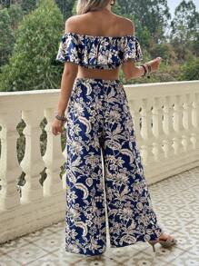 SHEIN 2pcs/Set Maternity Floral Print Off-Shoulder Top With Wide Leg Pants, Holiday Style - Blue - View 2