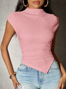 SHEIN SXY Women Solid Color Asymmetric Hem Knitted T-Shirt, Spring - Pink - View 1