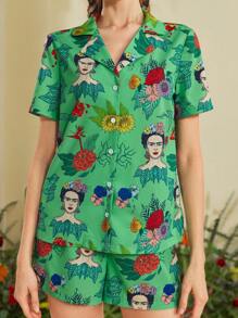 Frida Kahlo X SHEIN Women's Surrealism Tropical Plant Print Short Sleeve Shirt & Shorts Green Loose Pajama Set, Spring Summer - Green - View 4