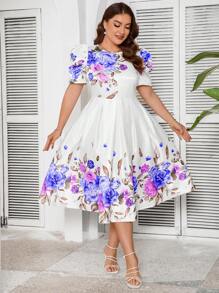 SHEIN Clasi Plus Size Elegant Floral Print Gigot Sleeve Dress For Summer - Blue - View 5