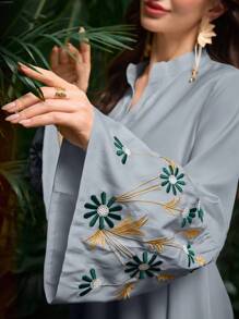 Al Najma Women's Solid Color Woven Embroidered Arabic Style Dress, Modest - Dusty Blue - View 3