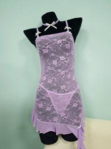 Set de 3 piezas de camisón de lencería sexy de encaje transparente con detalle de volantes para bodas