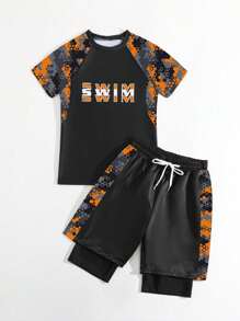 Tween Boy Letter Print Raglan Sleeve Swim Tee And Shorts Set, Printed - Multicolor - View 4