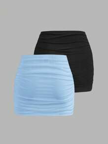 SHEIN EZwear 2pcs/Set Ruffle Double Layer Sheer Bodycon Mini Skirt - Blue - View 2