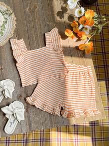 Baby Girl Striped Print Ruffle Trim Wrinkled Top With Shorts - Orange - View 2