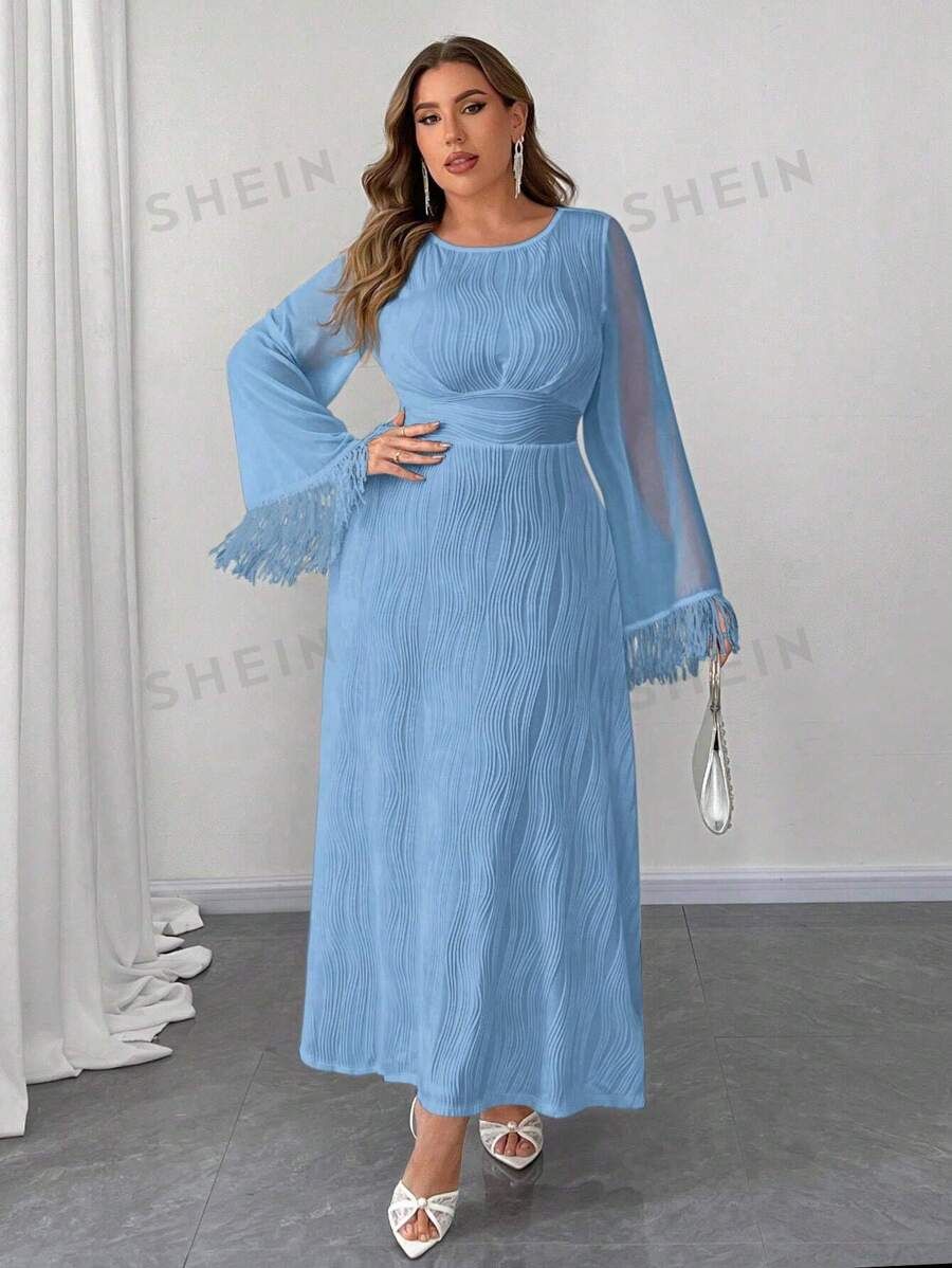 Franclia Vestido de punto texturizado con cuello redondo, mangas de campana y cintura ceñida en corte evasé largo para mujer de talla grande