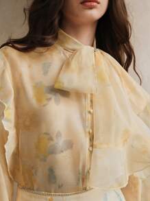 Anewsta French Brunch Floral Print Chiffon Blouse With Tie Neckline And Ruffle Trim, Elegant, Vacation, Beach, Casual, Holiday - Yellow - View 4