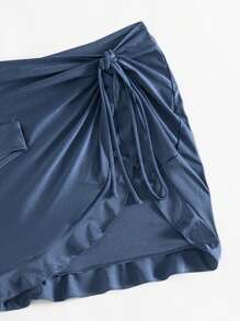 Swim Vcay 3pcs/Set Women Bandeau Swimsuit With Fashionable Front Decor Ruffles, Shiny Fabric, For Holiday For Summer Beach Vacation - Navy Blue - View 5