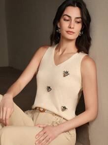 Anewsta Áo thun ba lỗ cổ chữ V đính đá ong trang trí thanh lịch, Xuân/Hè - Màu be - Xem 3