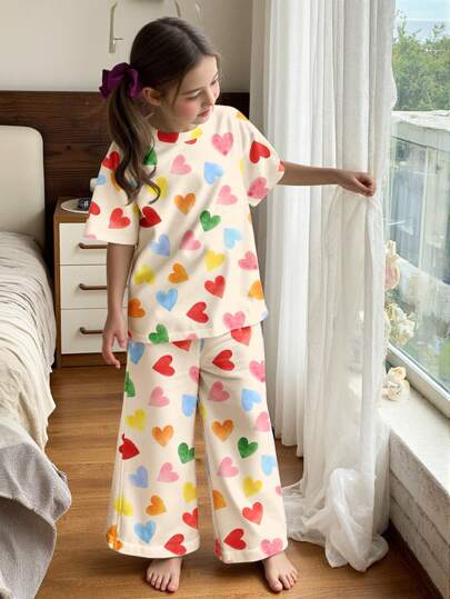 SHEIN Leap Crew Colorful Heart Print Tween Girls Casual Simple Design Crew Neck Short Sleeve Jumpsuit, Suitable For Summer
