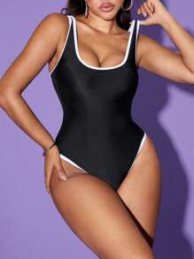 SHEIN Swim 1pc Tummy Control Women Sports Swimsuit, Elegant Casual Daily Wearable Backless Hollow Pushup Black/White Swimwear, For Beach Resort, Spring/Summer - Black and White - View 5