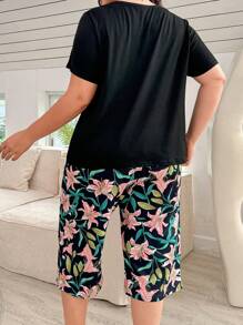 SHEIN Plant & Floral Print Top And Pants Pajama Set, Plus Size, Outfits - Multicolor - View 2