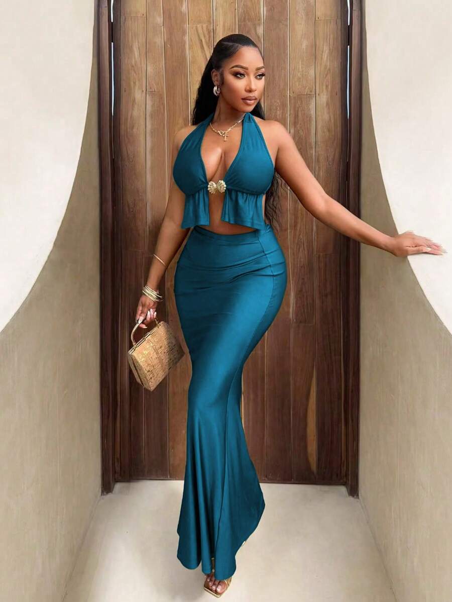 BamGleam Women's Vacation Deep V-Neck Ruffle Halter Top And Bodycon Midi Skirt 2 Pieces Set - Blue - View 1