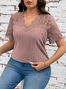SHEIN Clasi Plus Size Casual Plain Color Lace Patchwork Short Sleeve T-Shirt