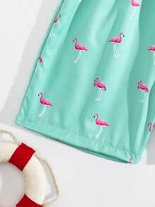 Tween Boy Flamingo Print Drawstring Waist Swim Trunks