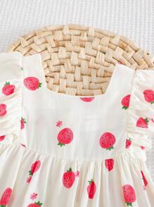 Cozy Pixies Baby Girl Strawberry Pattern Square Collar Ruffled Waist Dress - Multicolor - View 6