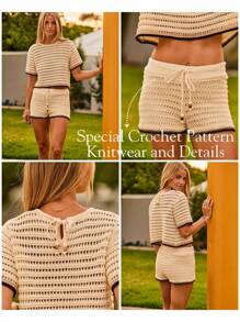 Aralina Beige Tipping Crochet Drawstring Summer Vacation Outfits Two Pieces Set - Brown - View 9
