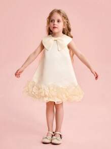 Abito elegante e carino da ragazza, in raso e organza con decorazione a fiocco, per l'estate - Albicocca - Visualizzare 7