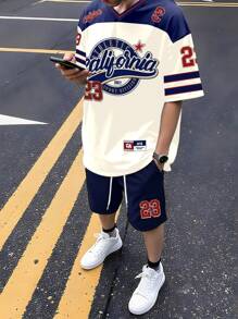 Manfinity Campus Court 男士休闲拼色字母印花短袖 T 恤和短裤套装，夏季