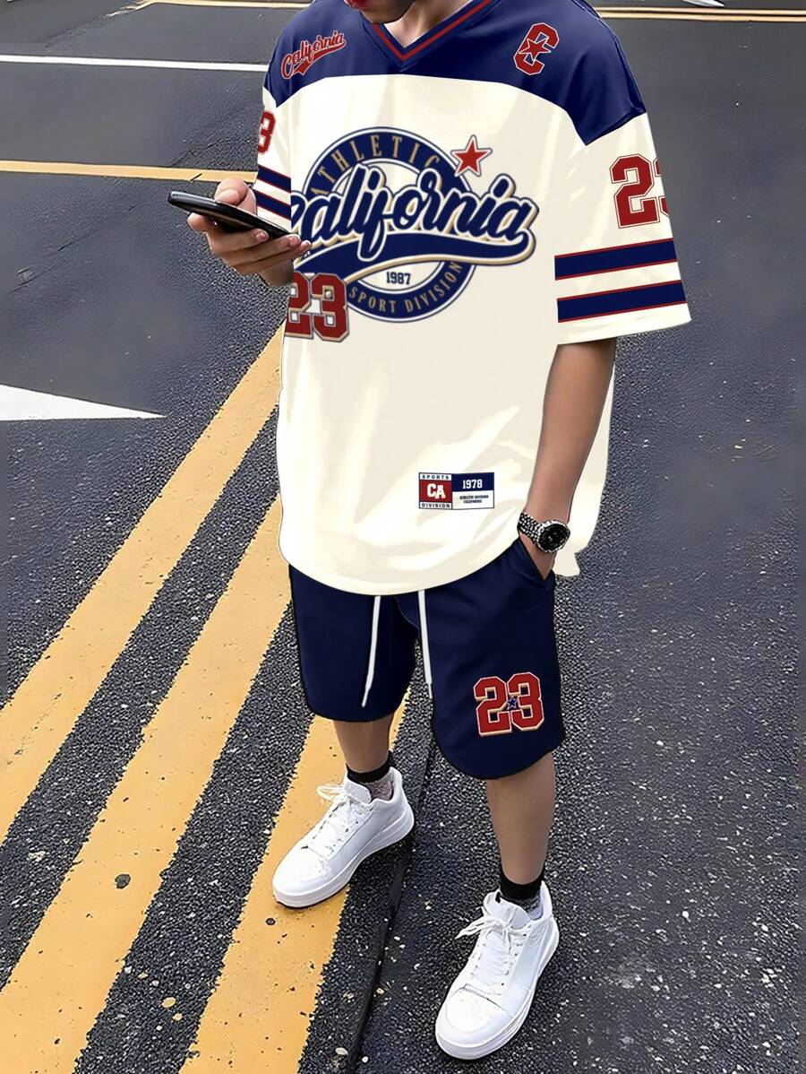 Manfinity Campus Court 男士休闲拼色字母印花短袖 T 恤和短裤套装，夏季