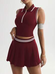 Easithlete 女士撞色边饰背心和褶皱迷你裙瑜伽运动套装