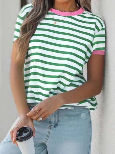 SHEIN EZwear Casual Colorful Striped Round Neck Loose Fit Plus Size Women T-Shirt