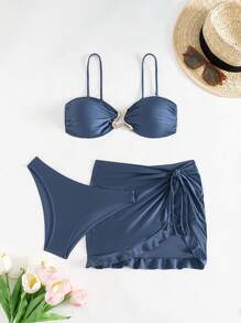 Swim Vcay 3pcs/Set Women Bandeau Swimsuit With Fashionable Front Decor Ruffles, Shiny Fabric, For Holiday For Summer Beach Vacation - Navy Blue - View 2