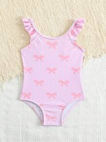 SHEIN Baby Girl Floral Print Ruffled One-Piece Swimsuit & Beach Outfit - Pink - View 4