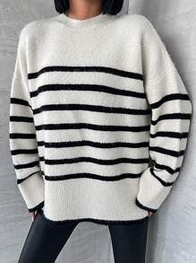 EURMUSE Padrão Listrado Ombro Caído Suéter - Preto e Branco - Ver 4