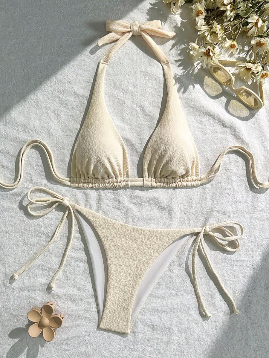 SHEIN Women Solid Color Textured Fabric Bikini Set, Summer