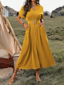 SHEIN Clasi 女士夏季短袖纽扣式腰带连衣裙长款女装