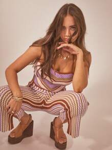 Aralina Summer Vacation Boho Striped Crochet Knit Boho Beach Vacation Halter And Pants Two Pieces Set Pants And Cami Halter - Multicolor - View 2