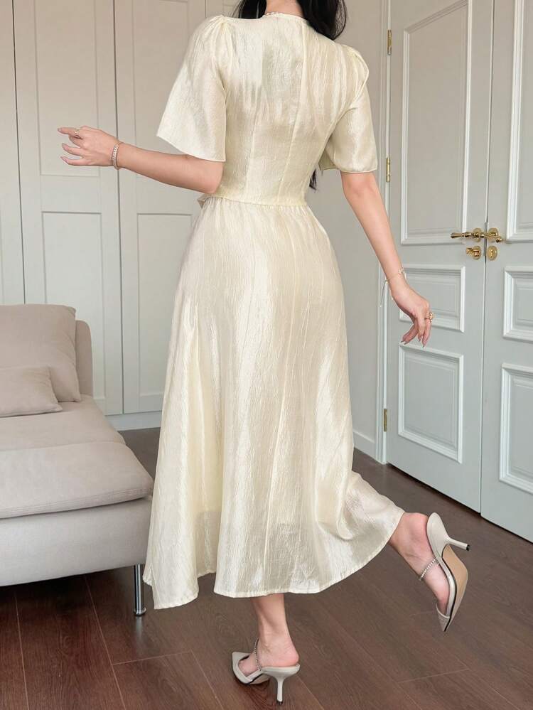 2pcs Women's Set: Solid Color Textured Puff Sleeve Blouse & Skirt