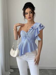 Rafferiza Damen lässige, sexy Bluse mit asymmetrischer Schulterpartie und mehrlagigem Rüschensaum