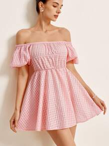 Aveloria Rosie Elegante y refinado vestido corto para mujer con hombros descubiertos, tela jacquard con textura a cuadros, mangas abullonadas, escote fruncido, cintura ceñida, falda de línea A y cinturón con lazo