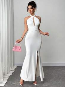 Firerie 女士优雅简约派对鸡尾酒会礼服白色吊带领交叉前镂空腰部露背高开叉连衣裙