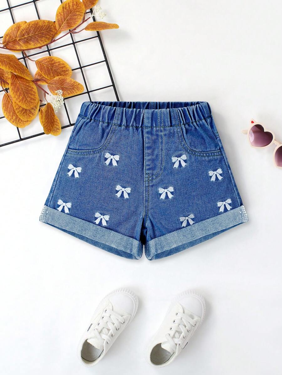 Girls' Simple Casual Cute Dopamine Color Butterfly Embroidery Loose Comfortable Bleached Blue Denim Shorts, Necessary Item For Daily Wear, New Arrival 2025 - Medium Wash - View 1