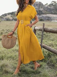 SHEIN Clasi 女士夏季短袖纽扣式腰带连衣裙长款女装