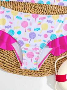 SHEIN Young Girl Candy Print Ruffle Trim Swimsuit Set, Vacation Beach - Pink - View 3