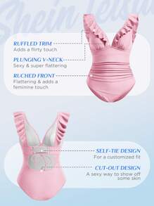 SHEIN Swim Vcay Bộ đồ bơi một mảnh cổ chữ V sâu xếp nếp màu trơn gợi cảm dành cho nữ đi nghỉ mát - Hồng - Xem 2