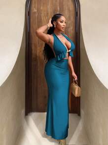 BamGleam Women's Vacation Deep V-Neck Ruffle Halter Top And Bodycon Midi Skirt 2 Pieces Set - Blue - View 3