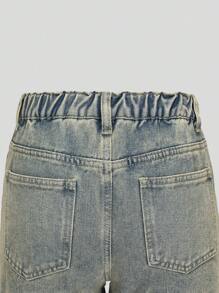 Fashionable Distressed Vintage Washed Denim Loose Fit Cuffed Shorts For Tween Girls - Medium Wash - View 6