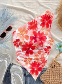 Soleia 女士休闲度假红色花朵印花褶皱不对称下摆无袖短款上衣，适合夏季，适合度假 - 彩色 - 查看 7